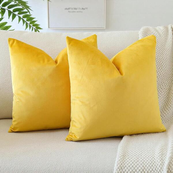 1pc/2pcs Velvet Yellow Solid Color Decorative Throw Pillow Cover (Pillow Insert Not Included), Square Cushion Cover, Holiday Home Decor Pillow, Soft & Comfortable Linen-Like Fabric, Modern Decor For Sofa, Bedroom, Dorm