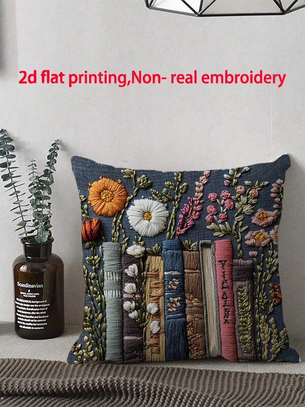 1pc Vintage Book & Floral Print Decorative Throw Pillow Cover With Zipper, Suitable For Various Rooms, Bedroom, Holiday, Party Decor, Flower & Book Spine Print Cushion Cover (No Embroidery) (Print Only) (No Insert)