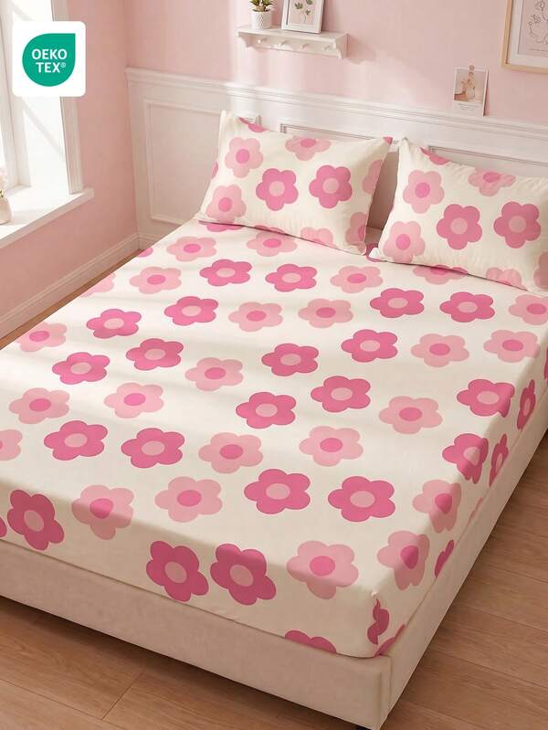 1pc Pink Floral Fitted Sheet, Bedding, Mattress Protector, Bed Cover, Home Textile, Breathable Anti-Pilling, Home Decor, Suitable For All Bed Sizes - Twin, Full, Queen, King, Dust-Proof Fitted Sheet, Excluding Pillow And Pillowcase, OEKO-TEX